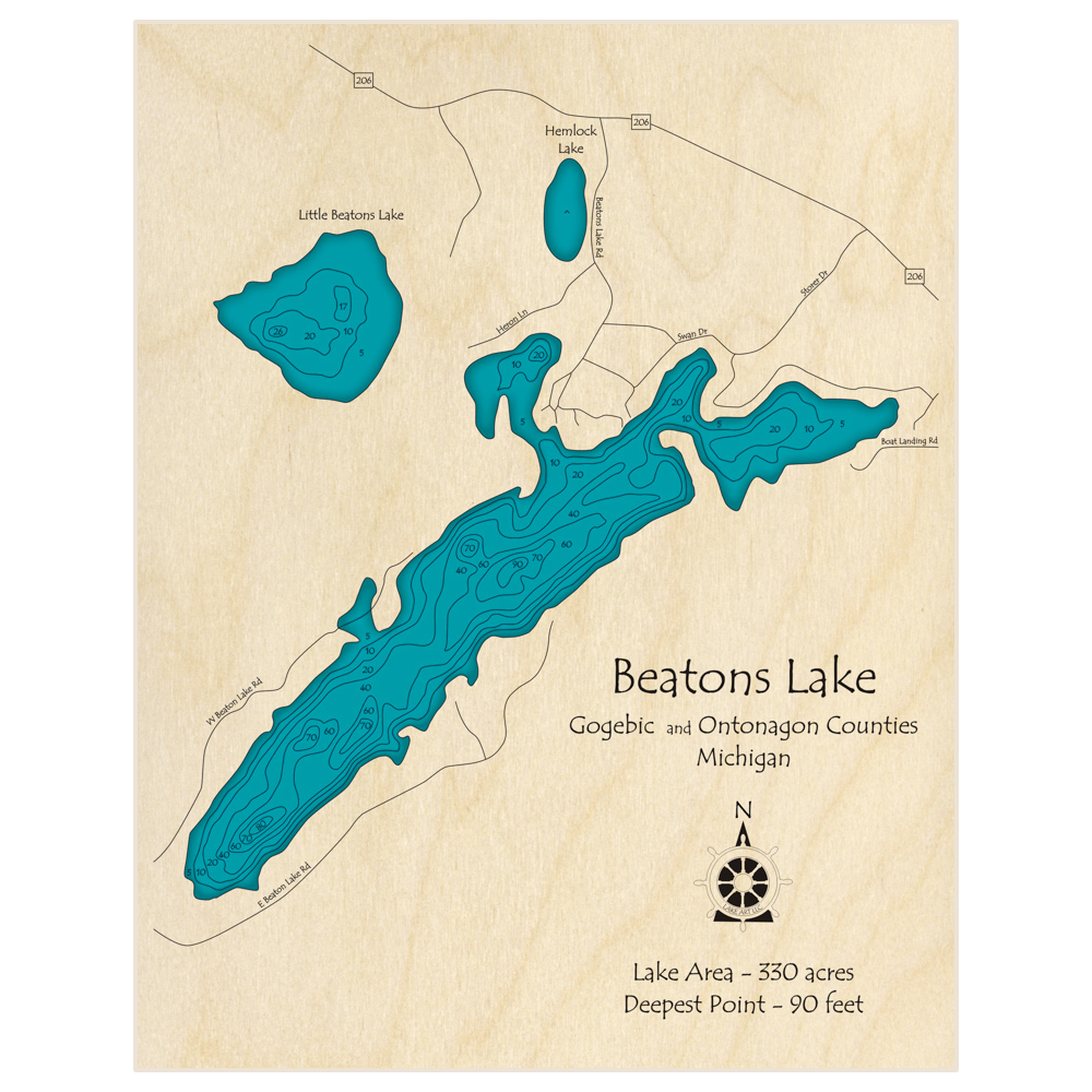Bathymetric topo map of Beatons Lake with roads, towns and depths noted in blue water