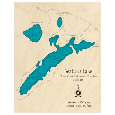 Bathymetric topo map of Beatons Lake with roads, towns and depths noted in blue water