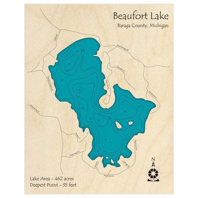 Bathymetric topo map of Beaufort Lake with roads, towns and depths noted in blue water