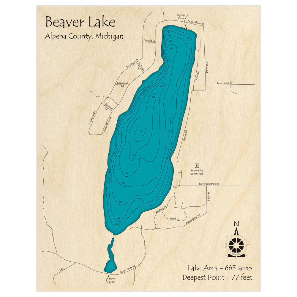 Bathymetric topo map of Beaver Lake with roads, towns and depths noted in blue water