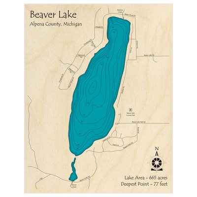 Bathymetric topo map of Beaver Lake with roads, towns and depths noted in blue water