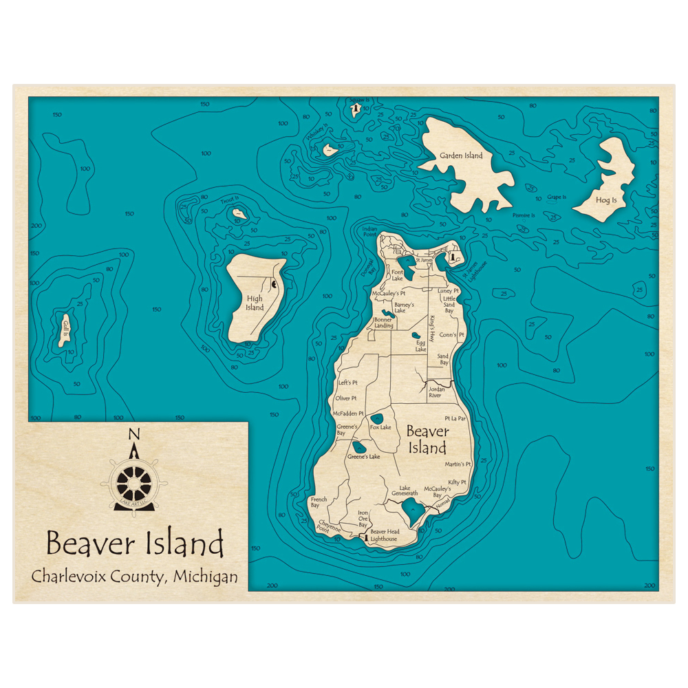 Bathymetric topo map of Beaver Island (Portrait) with roads, towns and depths noted in blue water