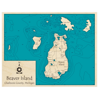 Bathymetric topo map of Beaver Island (Portrait) with roads, towns and depths noted in blue water
