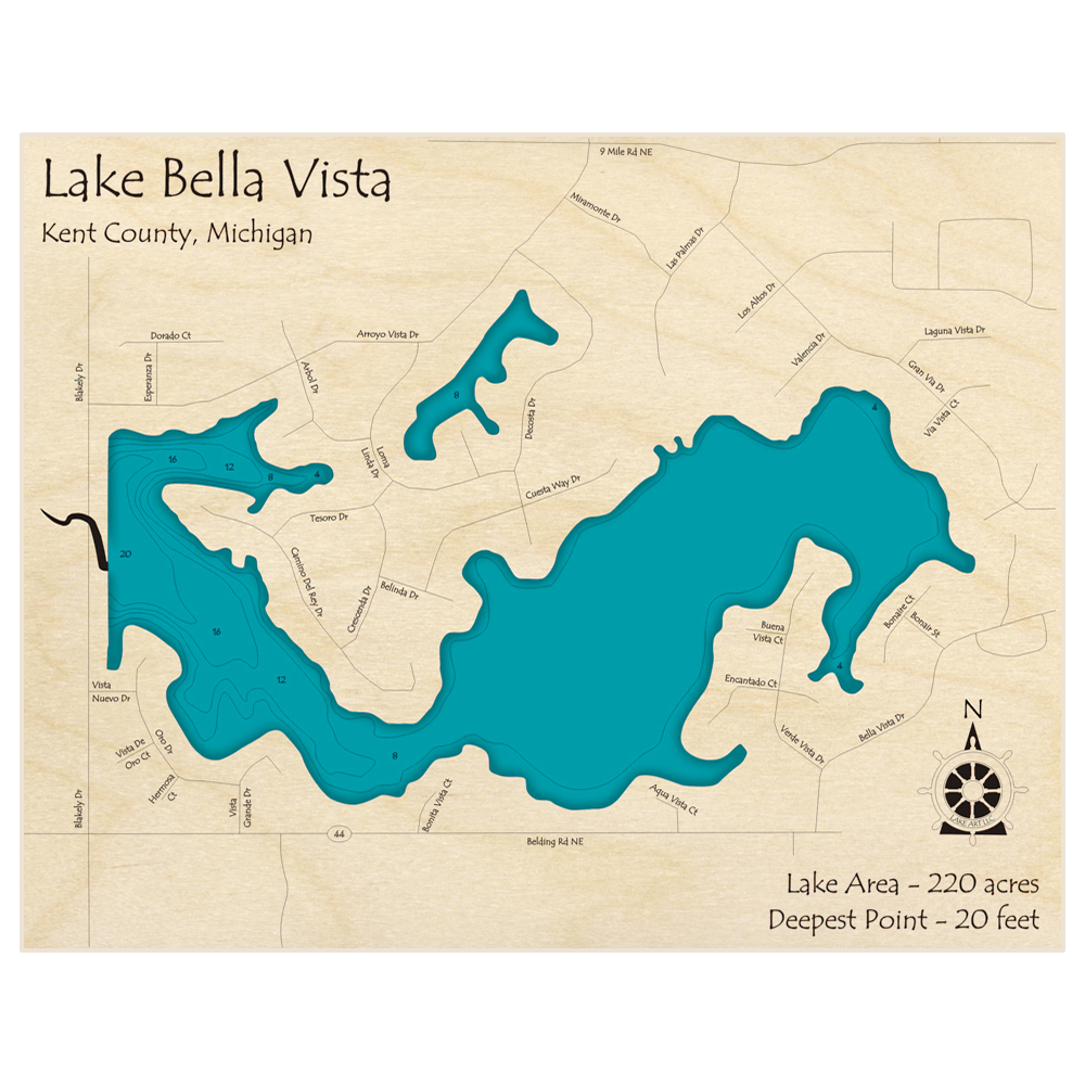 Bathymetric topo map of Lake Bella Vista with roads, towns and depths noted in blue water