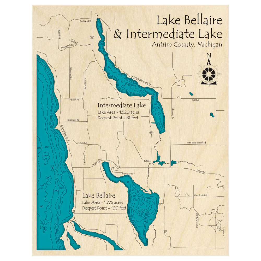 Bathymetric topo map of Lake Bellaire and Intermediate Lake with roads, towns and depths noted in blue water
