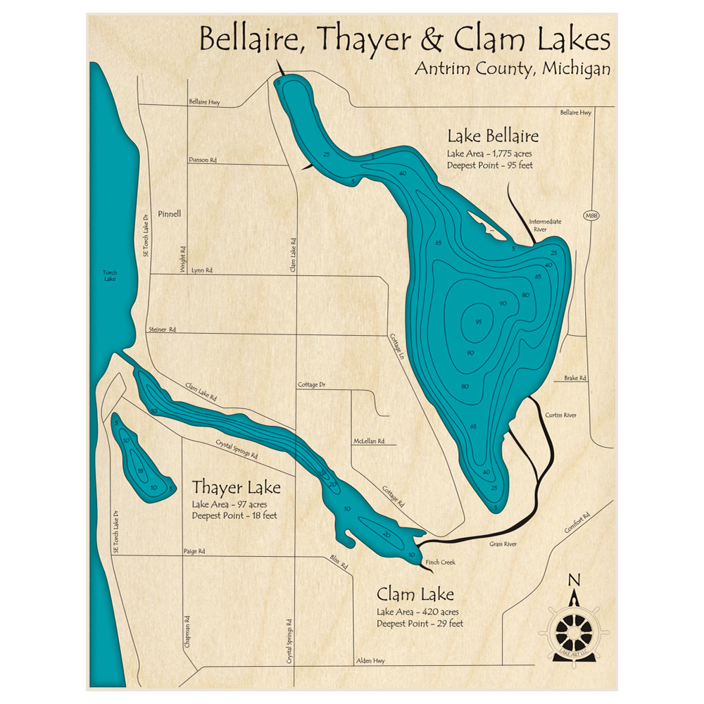 Bathymetric topo map of Lake Bellaire (With Clam and Thayer Lakes) with roads, towns and depths noted in blue water