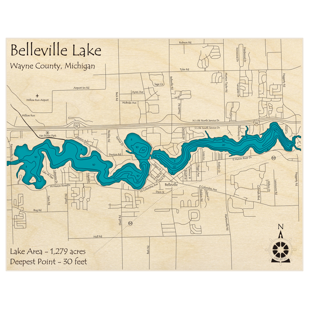 Bathymetric topo map of Belleville Lake with roads, towns and depths noted in blue water