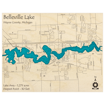 Bathymetric topo map of Belleville Lake with roads, towns and depths noted in blue water