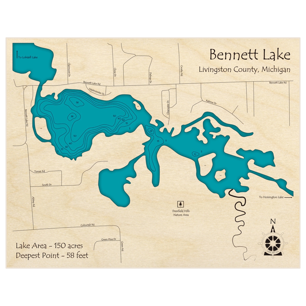 Bathymetric topo map of Bennett Lake with roads, towns and depths noted in blue water