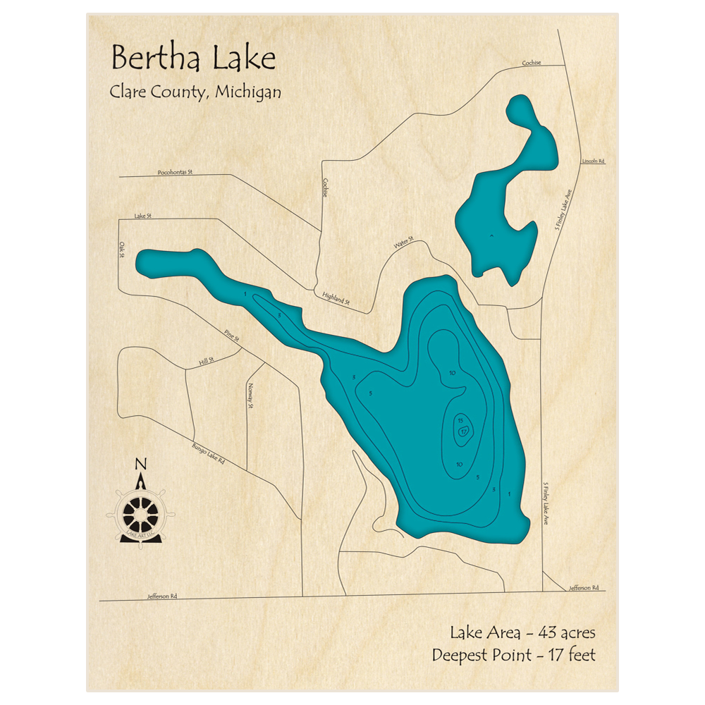 Bathymetric topo map of Bertha Lake with roads, towns and depths noted in blue water