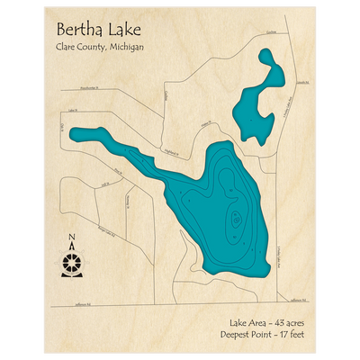 Bathymetric topo map of Bertha Lake with roads, towns and depths noted in blue water