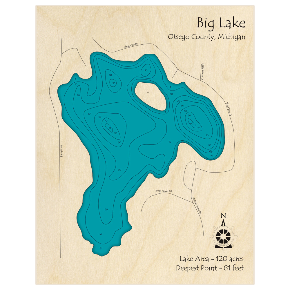 Bathymetric topo map of Big Lake with roads, towns and depths noted in blue water