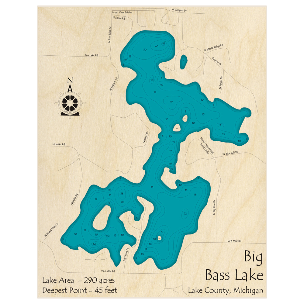 Bathymetric topo map of Big Bass Lake with roads, towns and depths noted in blue water
