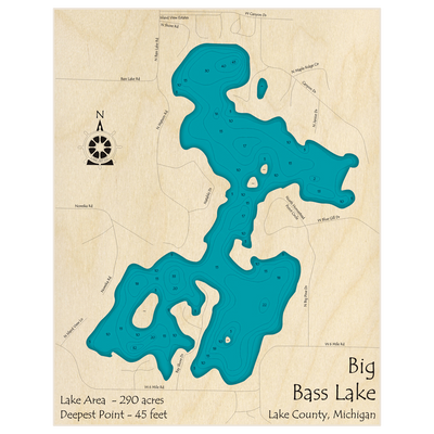 Bathymetric topo map of Big Bass Lake with roads, towns and depths noted in blue water