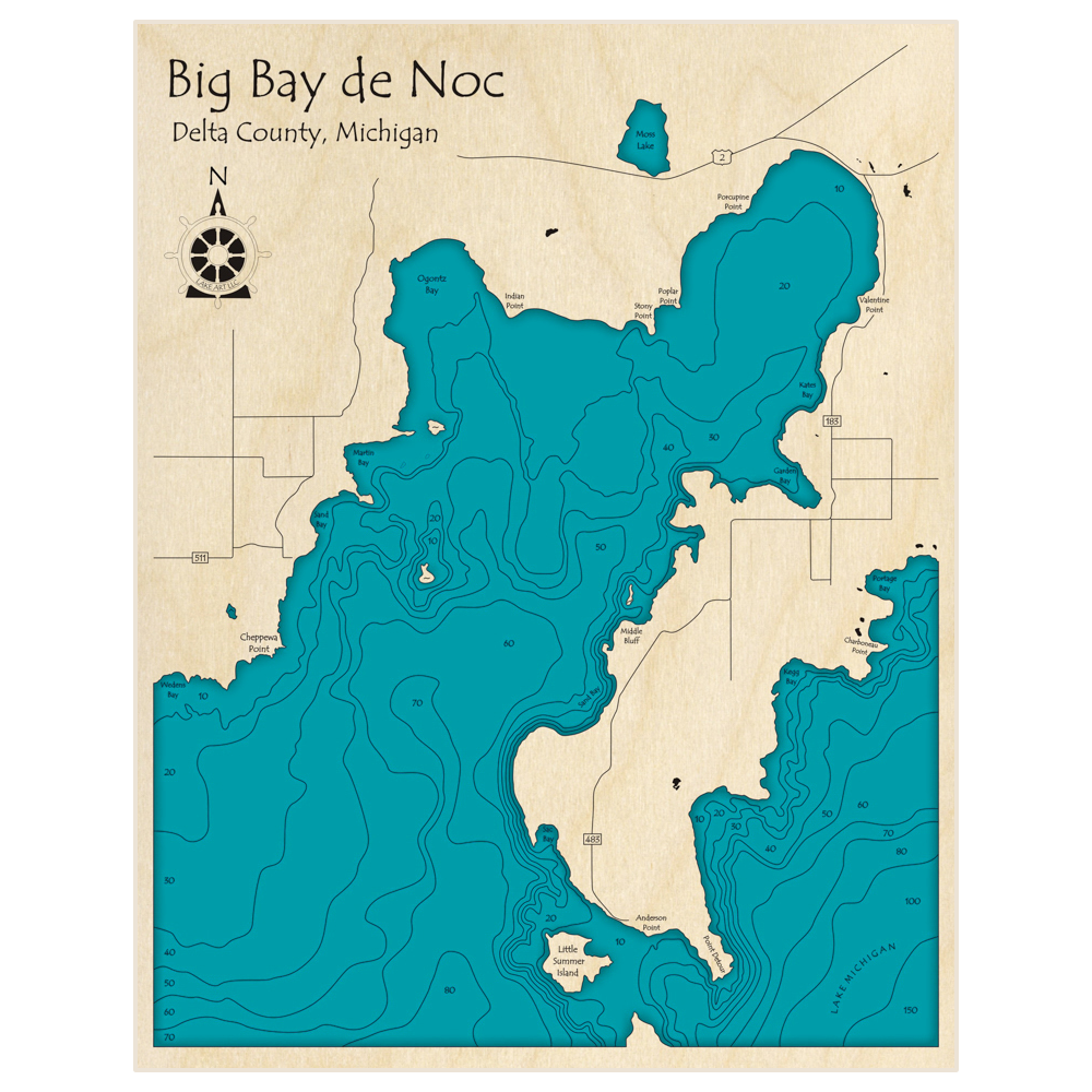Bathymetric topo map of Big Bay de Noc with roads, towns and depths noted in blue water