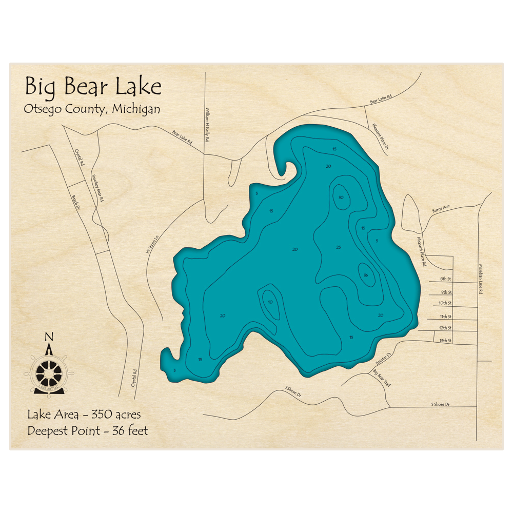Bathymetric topo map of Big Bear Lake with roads, towns and depths noted in blue water