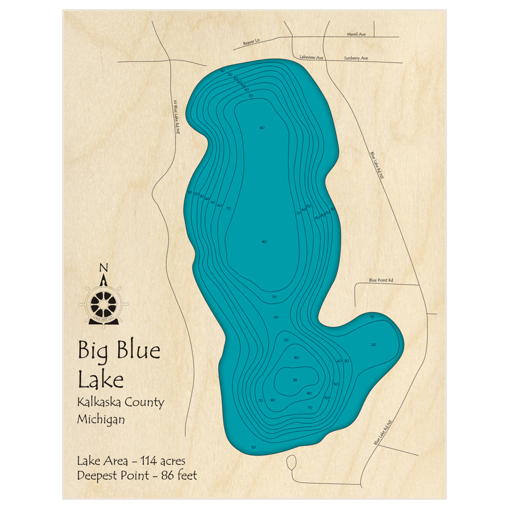 Bathymetric topo map of Big Blue Lake with roads, towns and depths noted in blue water