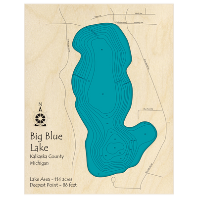 Bathymetric topo map of Big Blue Lake with roads, towns and depths noted in blue water
