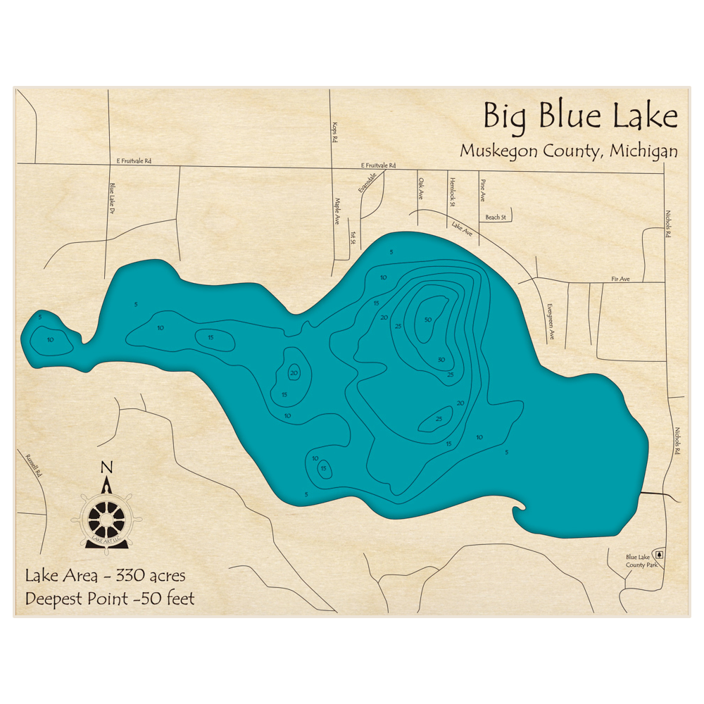 Bathymetric topo map of Big Blue Lake with roads, towns and depths noted in blue water