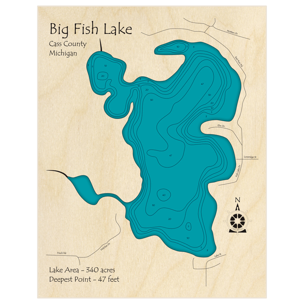 Bathymetric topo map of Big Fish Lake with roads, towns and depths noted in blue water