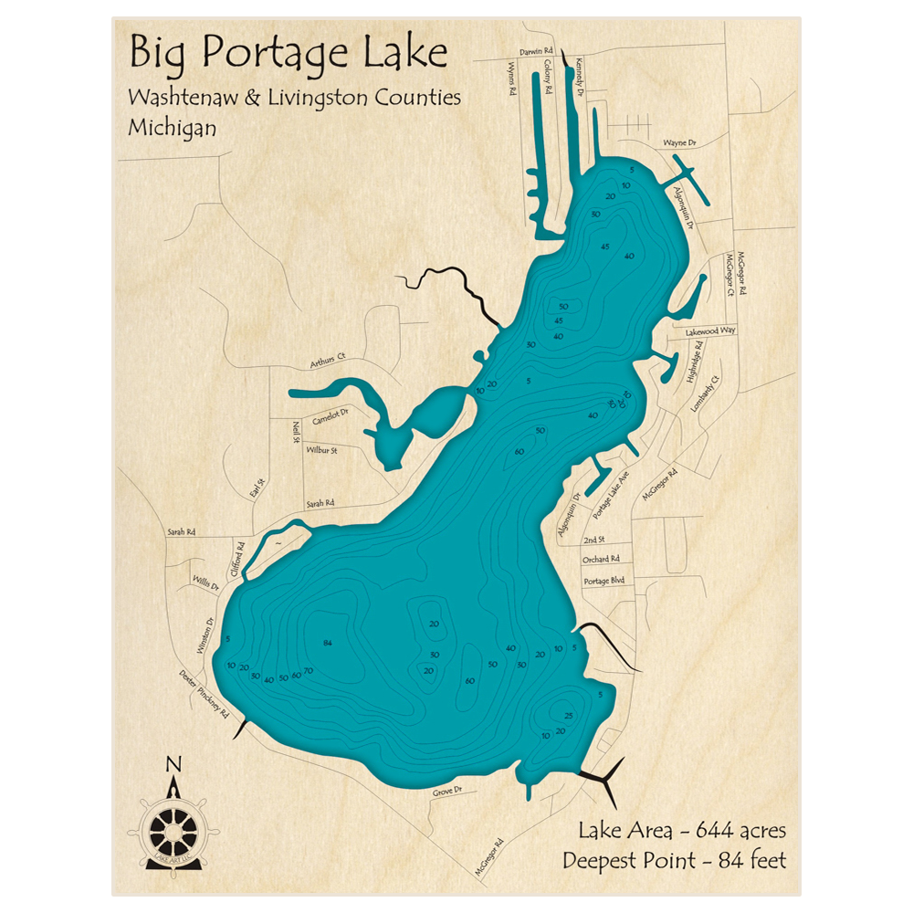 Bathymetric topo map of Big Portage Lake with roads, towns and depths noted in blue water