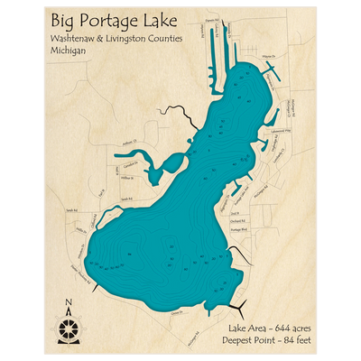 Bathymetric topo map of Big Portage Lake with roads, towns and depths noted in blue water