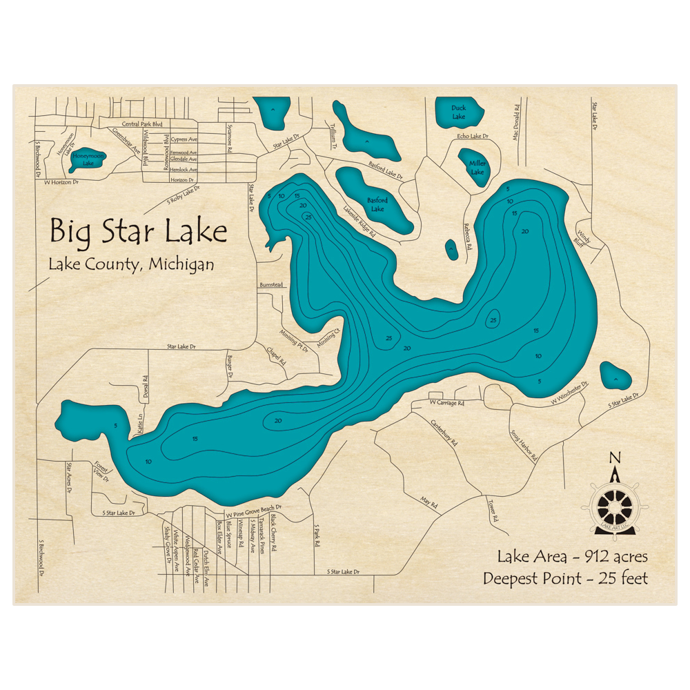 Bathymetric topo map of Big Star Lake with roads, towns and depths noted in blue water