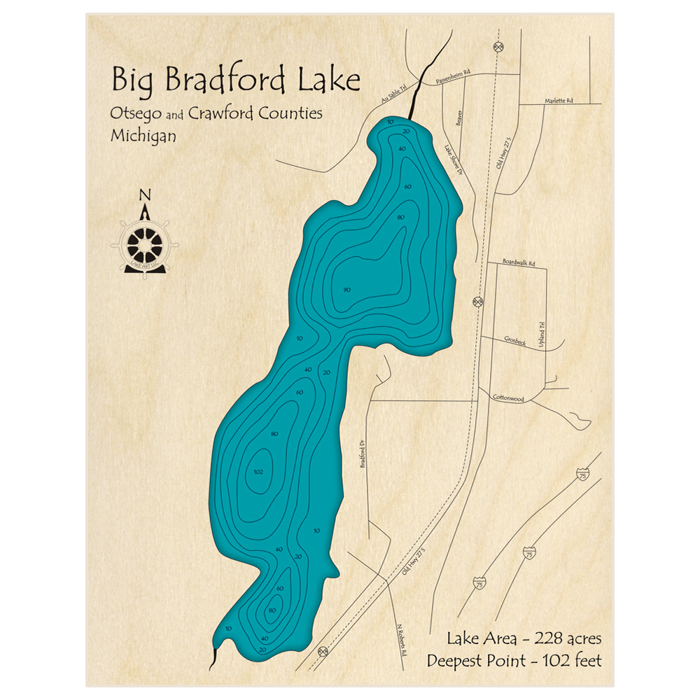 Bathymetric topo map of Big Bradford Lake with roads, towns and depths noted in blue water