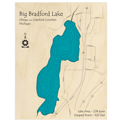 Bathymetric topo map of Big Bradford Lake with roads, towns and depths noted in blue water