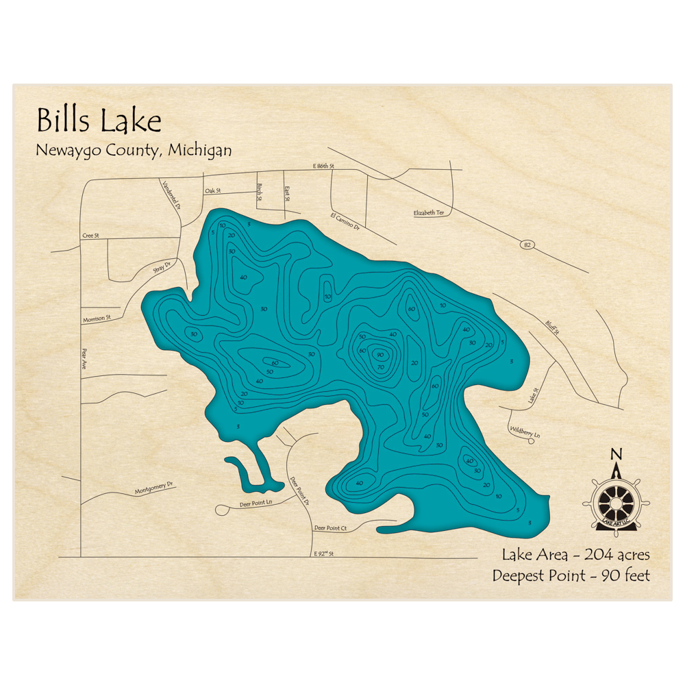 Bathymetric topo map of Bills Lake with roads, towns and depths noted in blue water