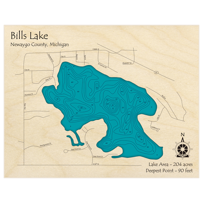 Bathymetric topo map of Bills Lake with roads, towns and depths noted in blue water