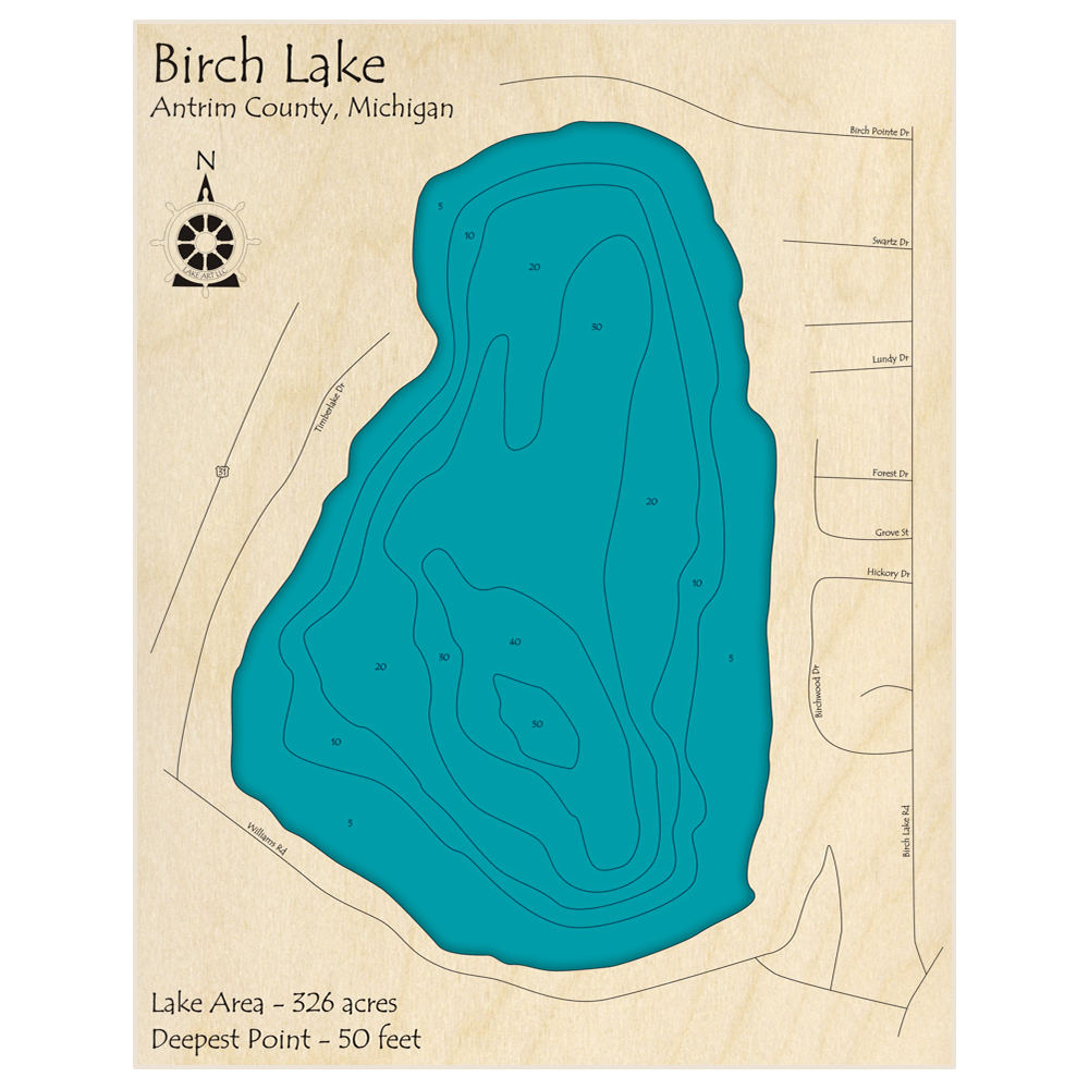 Bathymetric topo map of Birch Lake with roads, towns and depths noted in blue water