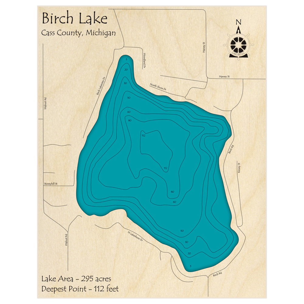 Bathymetric topo map of Birch Lake with roads, towns and depths noted in blue water