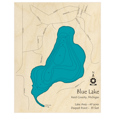 Bathymetric topo map of Blue Lake with roads, towns and depths noted in blue water
