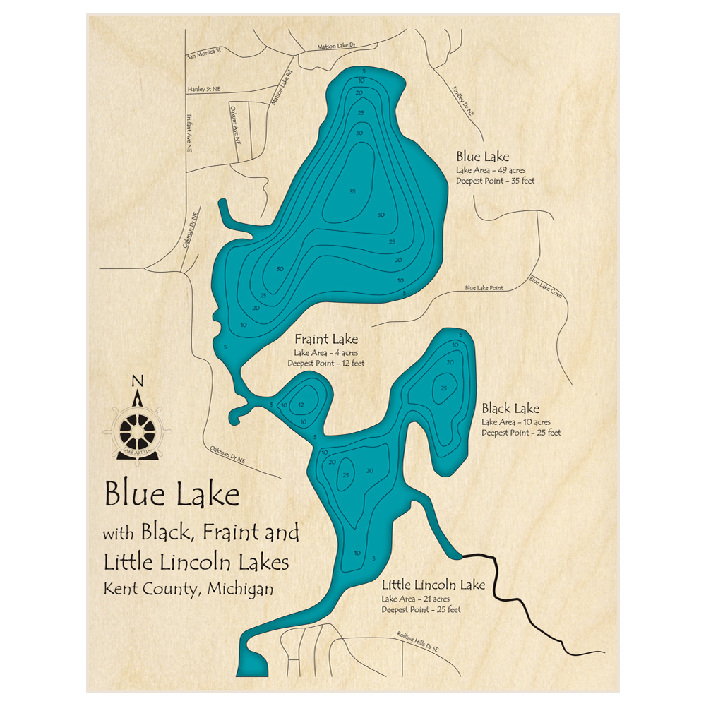 Bathymetric topo map of Blue Lake (With Black Fraint and Little Lincoln Lakes) with roads, towns and depths noted in blue water