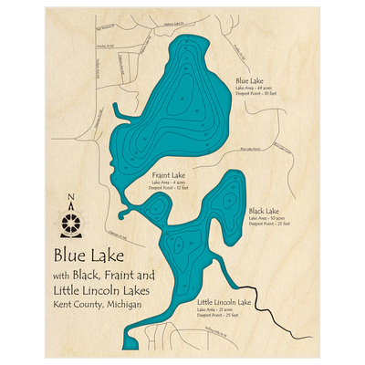 Bathymetric topo map of Blue Lake (With Black Fraint and Little Lincoln Lakes) with roads, towns and depths noted in blue water