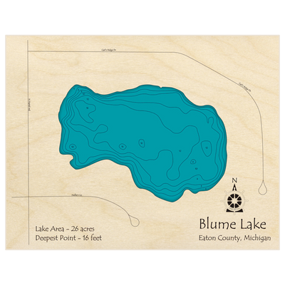 Bathymetric topo map of Blume Lake with roads, towns and depths noted in blue water
