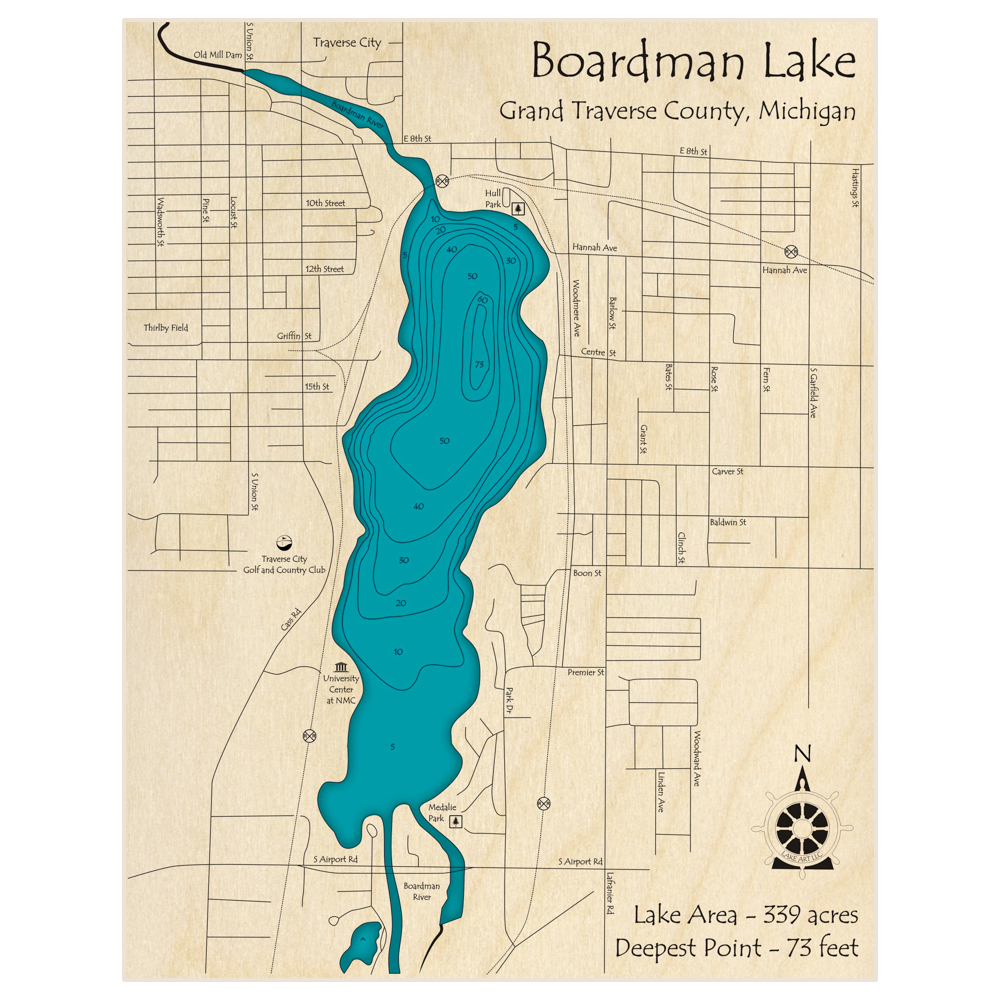 Bathymetric topo map of Boardman Lake with roads, towns and depths noted in blue water