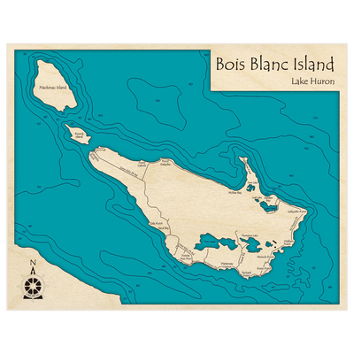 Bathymetric topo map of Bois Blanc Island with roads, towns and depths noted in blue water