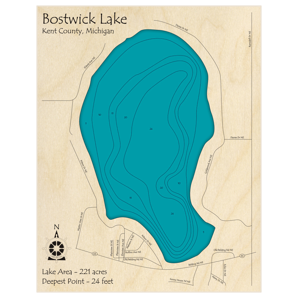 Bathymetric topo map of Bostwick Lake with roads, towns and depths noted in blue water