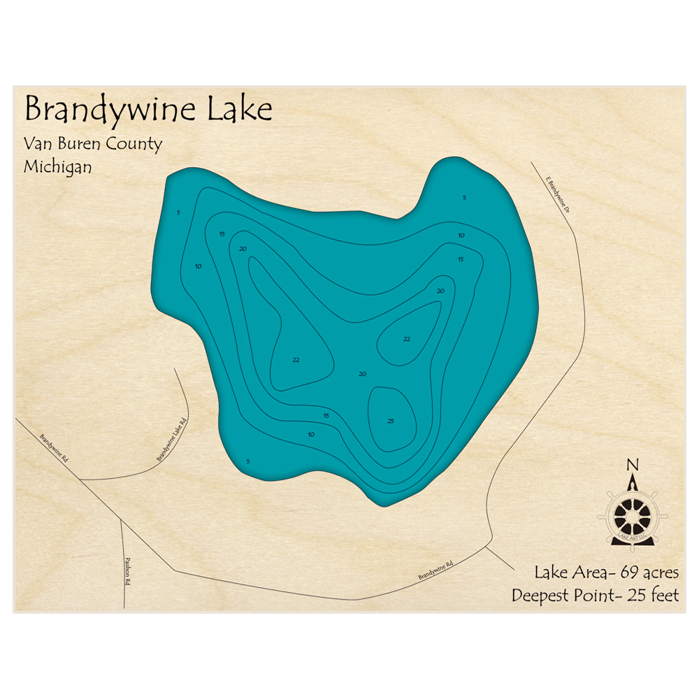 Bathymetric topo map of Brandywine Lake with roads, towns and depths noted in blue water