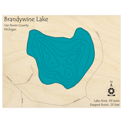 Bathymetric topo map of Brandywine Lake with roads, towns and depths noted in blue water