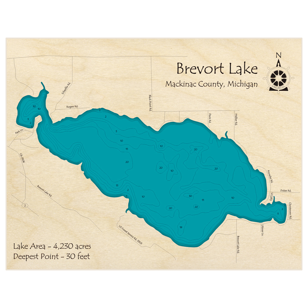 Bathymetric topo map of Brevort Lake with roads, towns and depths noted in blue water