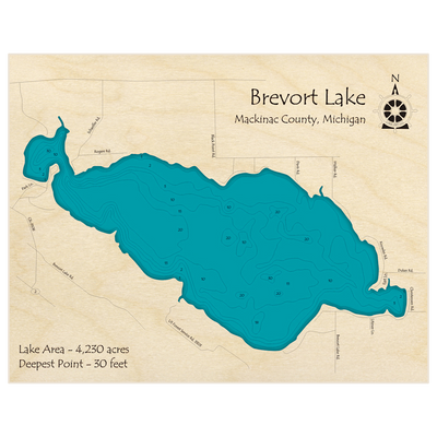 Bathymetric topo map of Brevort Lake with roads, towns and depths noted in blue water