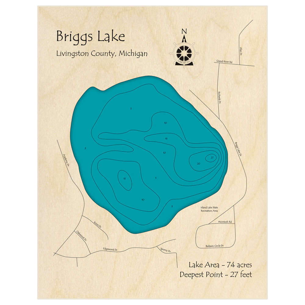 Bathymetric topo map of Briggs Lake with roads, towns and depths noted in blue water