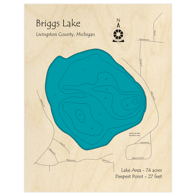 Bathymetric topo map of Briggs Lake with roads, towns and depths noted in blue water