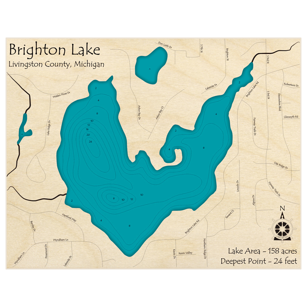Bathymetric topo map of Brighton Lake with roads, towns and depths noted in blue water