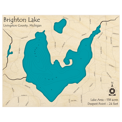 Bathymetric topo map of Brighton Lake with roads, towns and depths noted in blue water