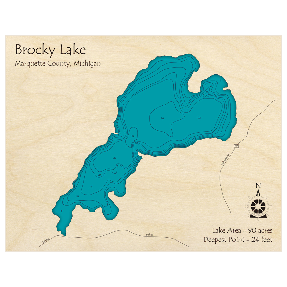Bathymetric topo map of Brocky Lake with roads, towns and depths noted in blue water