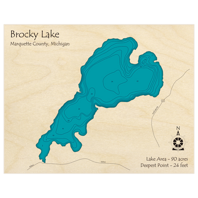 Bathymetric topo map of Brocky Lake with roads, towns and depths noted in blue water